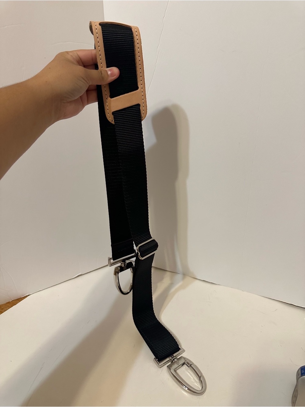 Adjustable Black Nylon Bag Strap with Tan Leather Accents